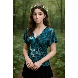 Whimsigoth Petite XL Floral‎ V Neck Teal Green Black Dark Fairy Career Boho Art